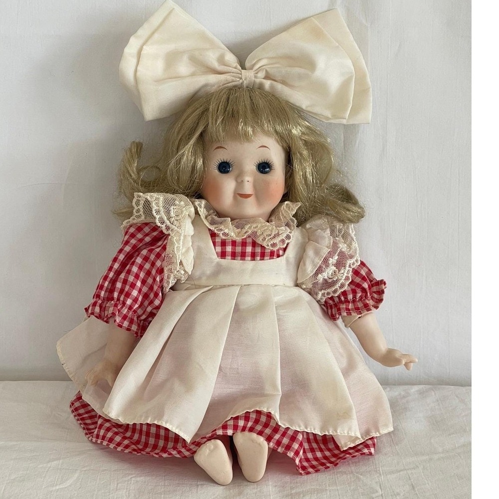 Vintage MSR Imports Porcelain Doll Red Gingham Dress Lace Pinafore 13 Inch